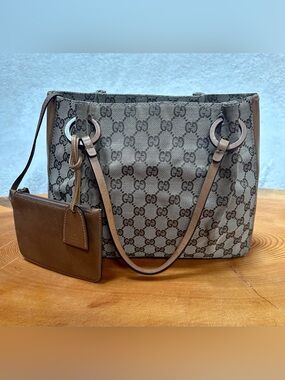 Vintage Gucci Brown GG Canvas Shoulder Bag with Leather Pouch